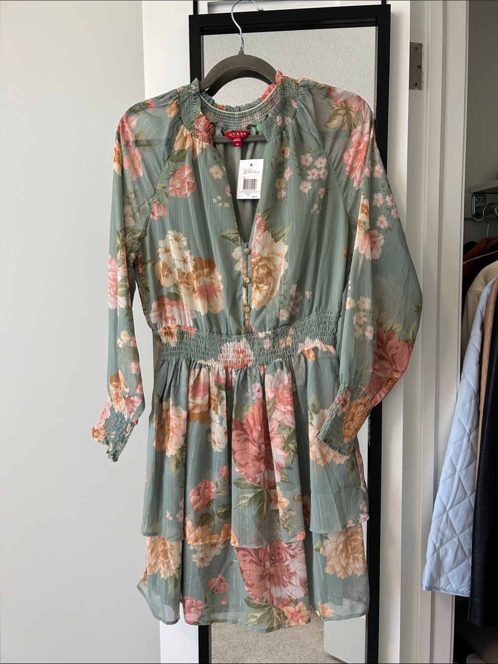 Guess Sage Green Long-Sleeve Floral Tiered Dress with Pink & Cream Blooms